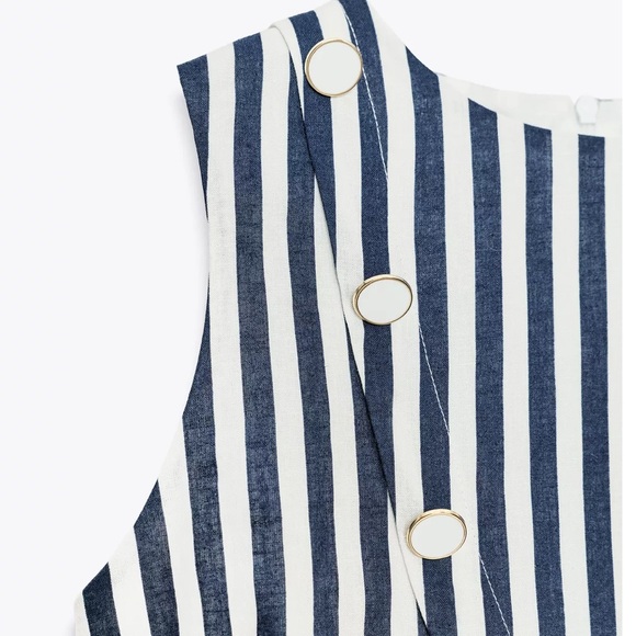 NWT Zara | Belted Linen Dress Waist Cut-out Navy Ivory Nautical coastal vibe - Picture 9 of 16